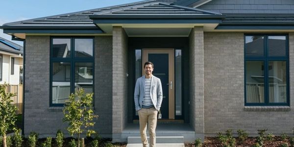 Man standing confidently outside a modern suburban house on a sunny day.