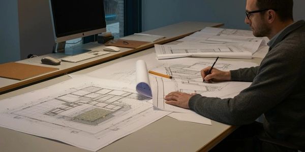 Architect working on blueprints at a desk with computer and plans.
