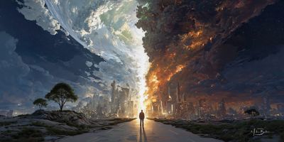 AI-assisted artwork showing a person between light and darkness, representing Mike Baker’s use of AI creative tools while keeping human voice and responsibility at the center.