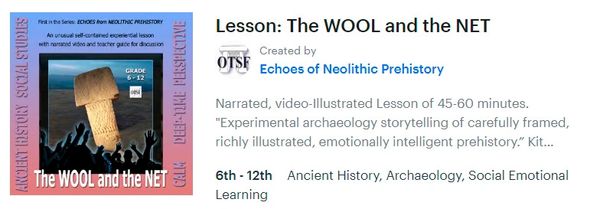 Cover image for lesson 'The WOOL and the NET' on Neolithic history with a stone artifact and silhouetted figures.
