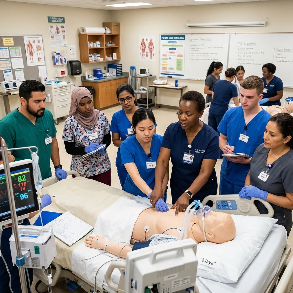 Healthcare instructor teaching nurses and healthcare professionals in a training classroom.