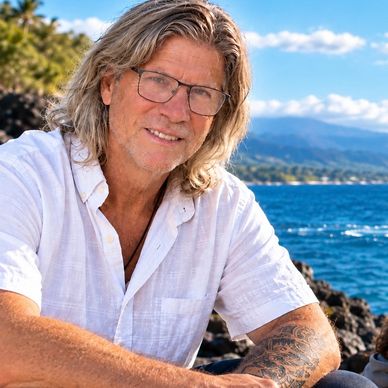 Man with glasses smiling by the ocean.