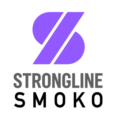 Purple and black Strongline logo with abstract design.
