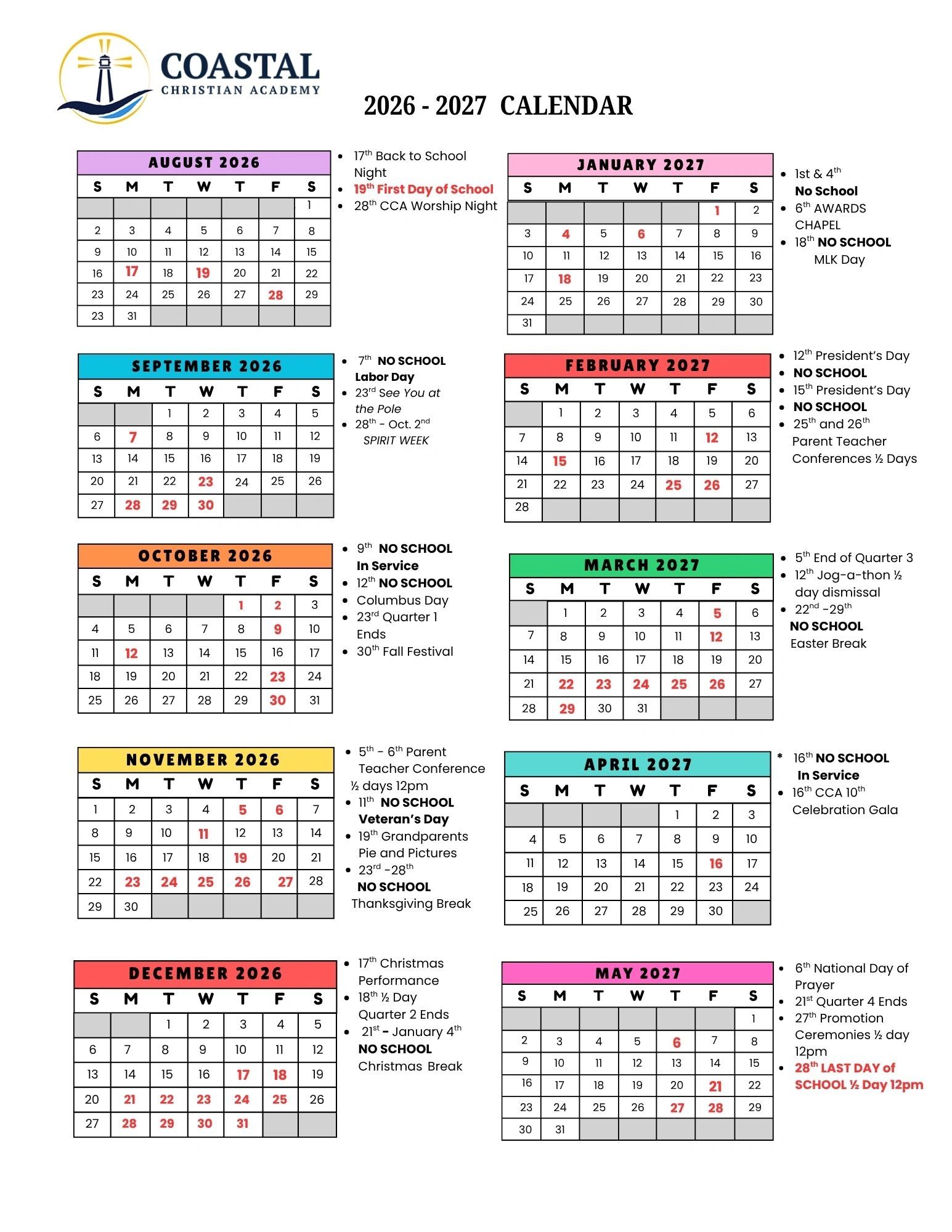 School calendar for Coastal Christian Academy from August 2026 to May 2027.