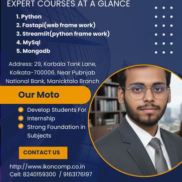 Advertisement for expert Python and database courses with contact details and a professional photo.