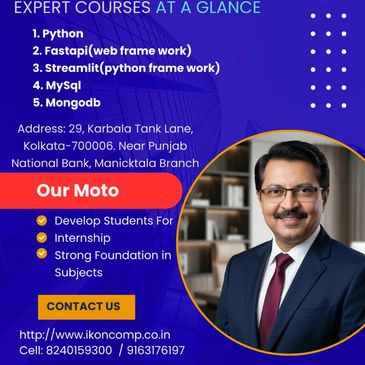 Advertisement for expert courses in Python, Fastapi, Streamlit, MySQL, and MongoDB with contact details.