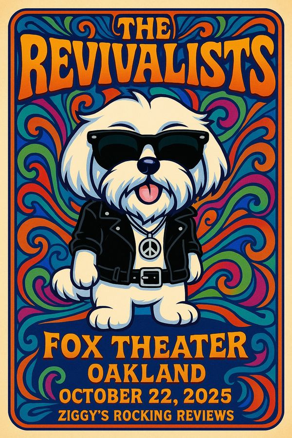 Cartoon dog in sunglasses and leather jacket on colorful psychedelic concert poster.#ZiggysRockingReviews
#ConcertReview #5Bones #PawsitiveSpin #TinyReviewerBigHeart #MusicWithZiggy #MusicThatMovesYou #DogApprovedShows
#LiveShowLove #GoodVibesOnly #ZiggyListens #ZiggySeesItAll
#ZiggyWasHere 🐾🎶
