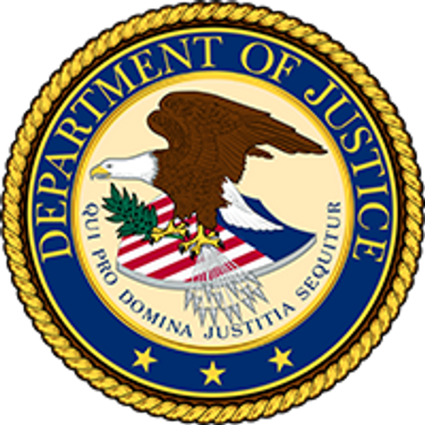 Seal of the United States Department of Justice with an eagle and motto.