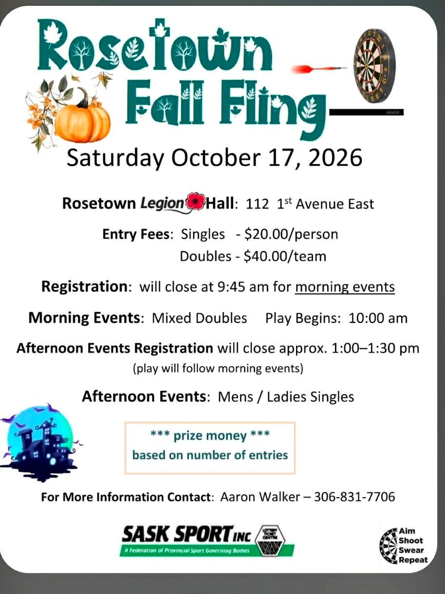 Rosetown Fall Fling dart tournament on October 17, 2026
