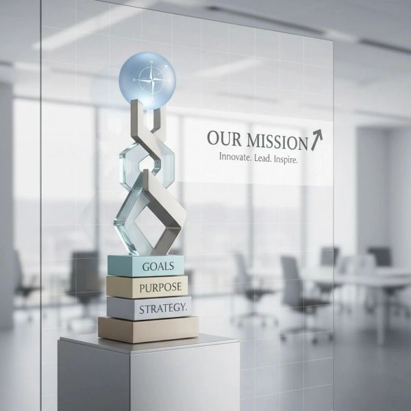Modern office sculpture symbolizes mission, goals, purpose, and strategy.