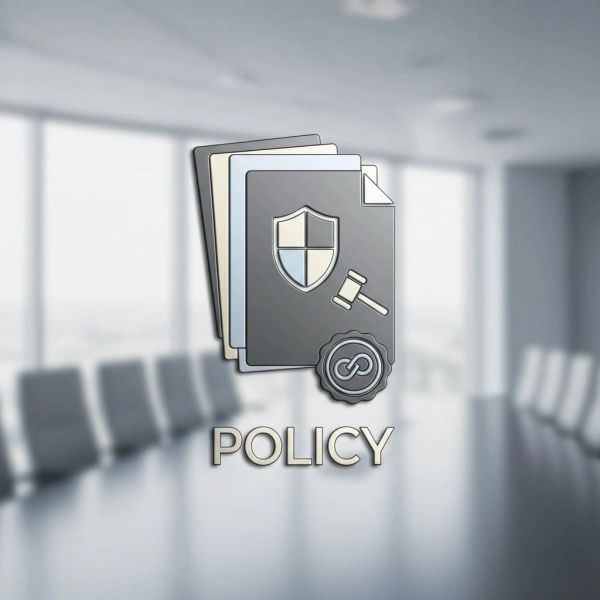 Icon representing policy documents with a shield and gavel symbol.