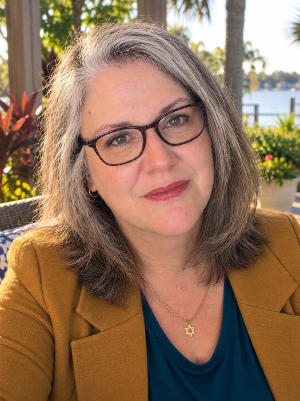 Mature woman smiling outdoors near water.
