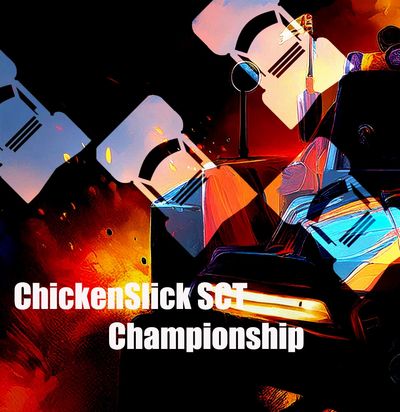 Abstract artwork featuring spotlights and text for ChickenSlick SCL Championship.