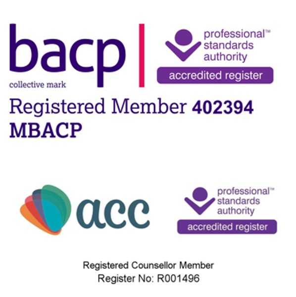 Logos of BACP and ACC with registered member details and professional standards authority accreditation.