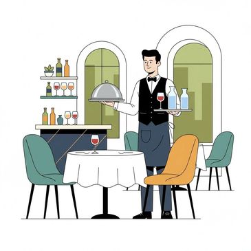 Waiter serving drinks and food at a restaurant table.