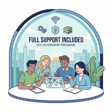 Four diverse interns collaborating on a laptop in a supportive internship program.
