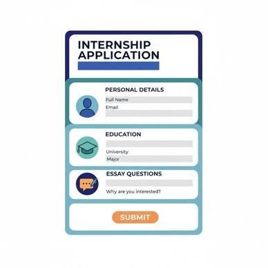 Simple internship application form with sections for personal details, education, and essay questions.