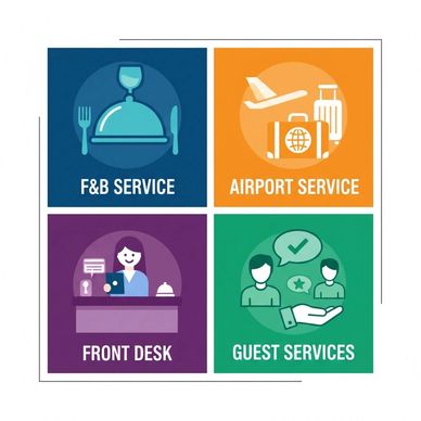 Icons representing hotel services: F&amp;B, airport, front desk, and guest services.