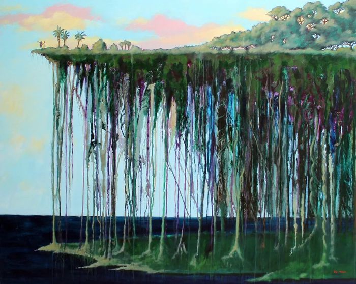 Couple holding hands at edge of exotic island looking imagining their future together.