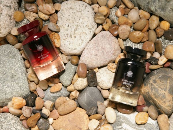 Two elegant perfume bottles placed on a bed of smooth multicolored pebbles.