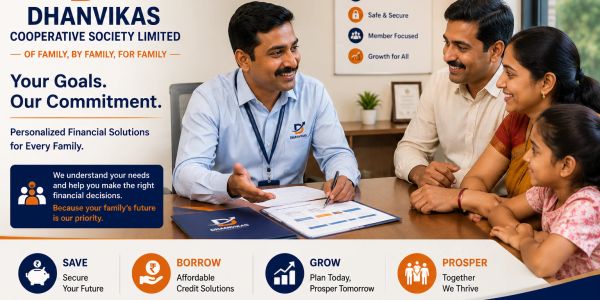 Financial advisor consulting a family at DHANVIKAS Cooperative Society Limited.