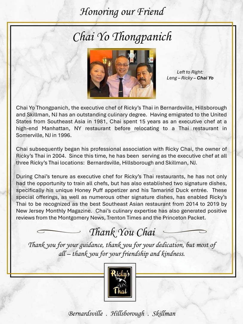 Honoring Chai Yo Thongpanich, executive chef of Ricky's Thai across NJ.