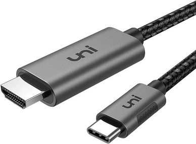 A black braided USB-C to HDMI cable with metallic connectors.