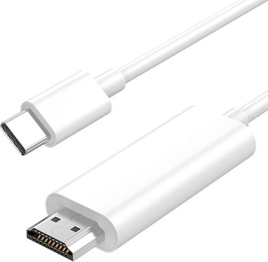 White USB-C to HDMI cable for device connectivity.