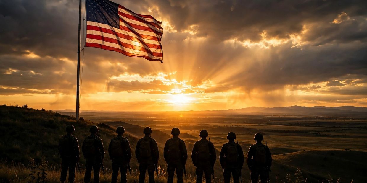 American soldiers silhouetted before the flag at sunset, honoring military service