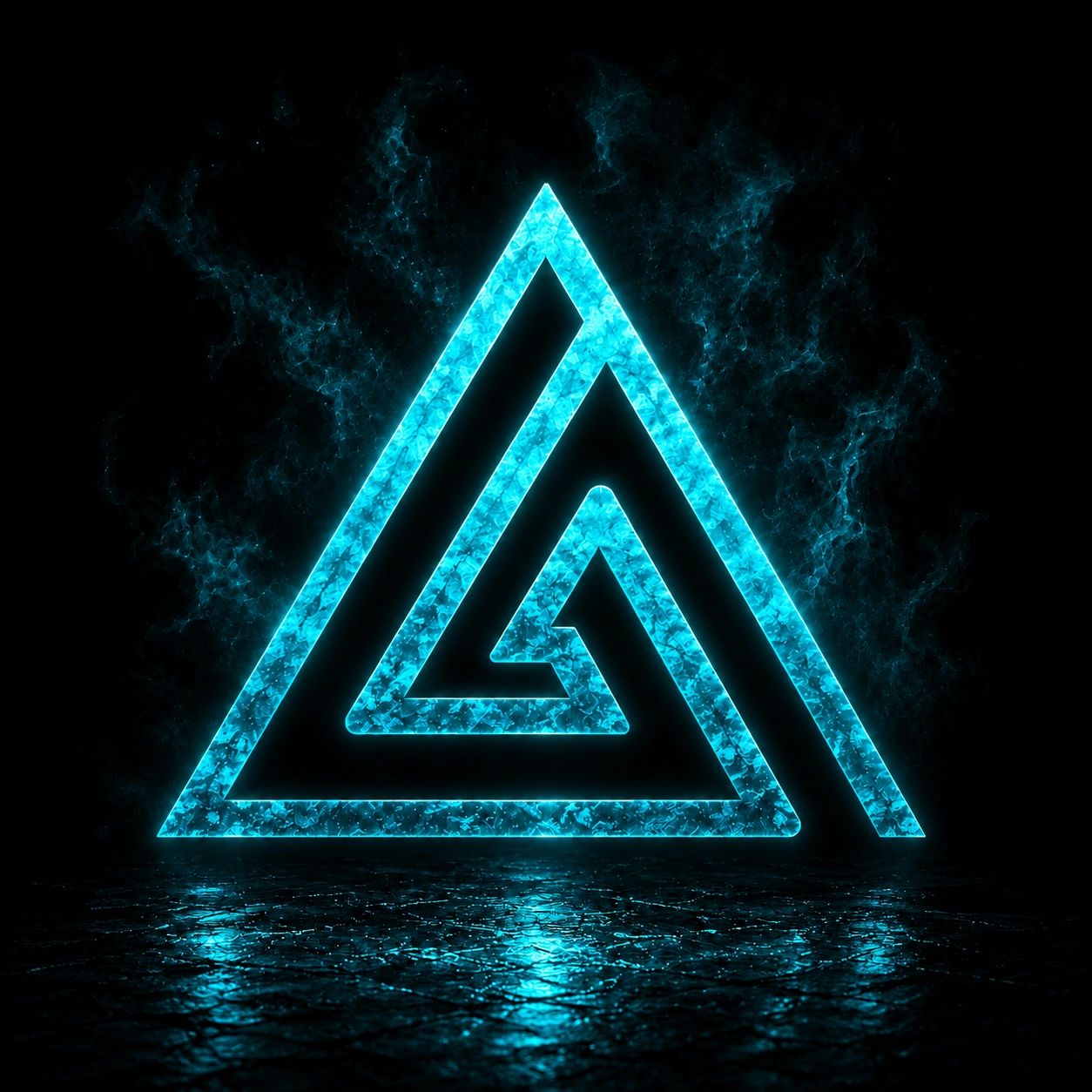 Glowing blue triangular geometric design with smoky effects on black background.