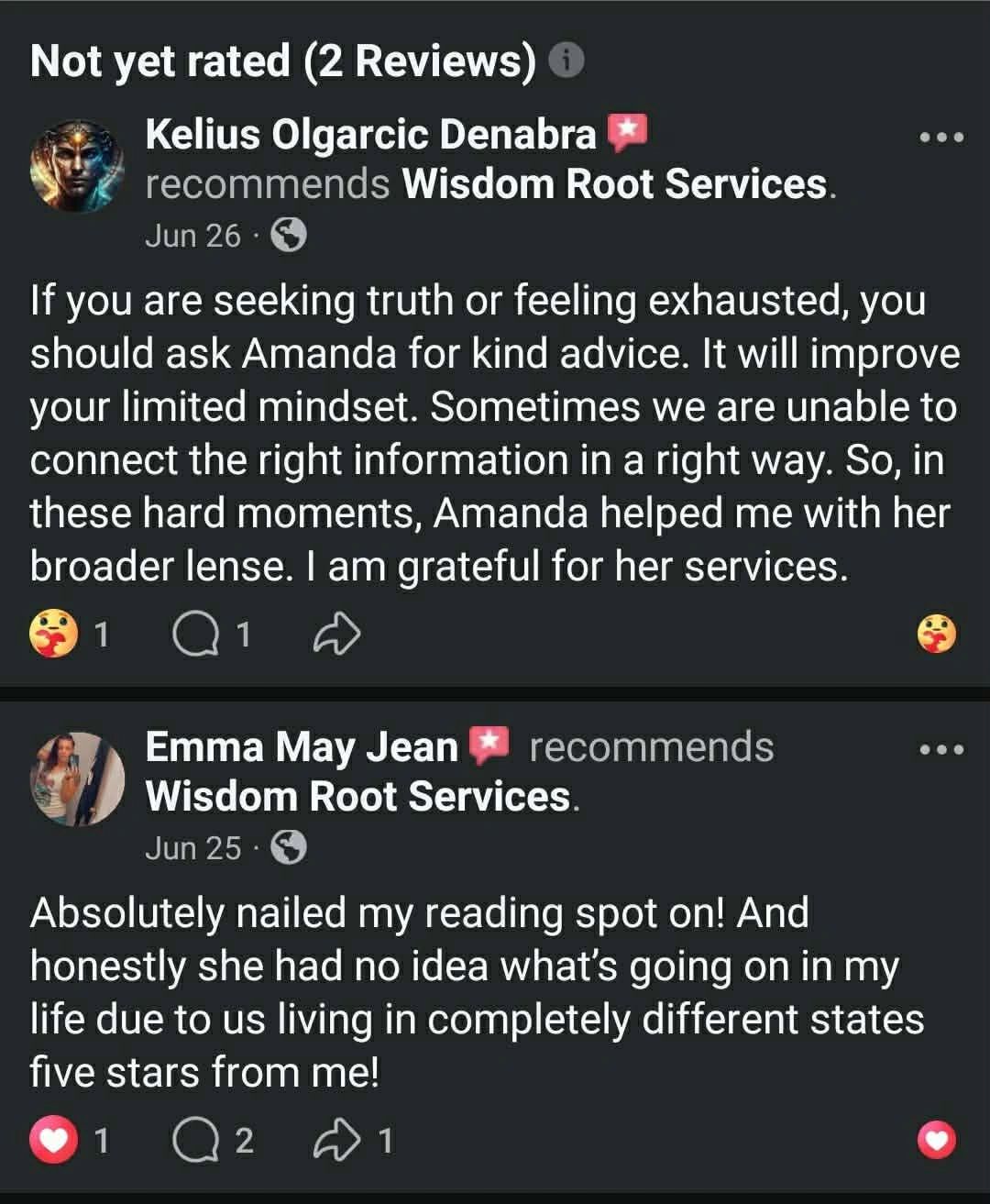 Two positive reviews for Wisdom Root Services praising Amanda's kind advice and accurate readings.
