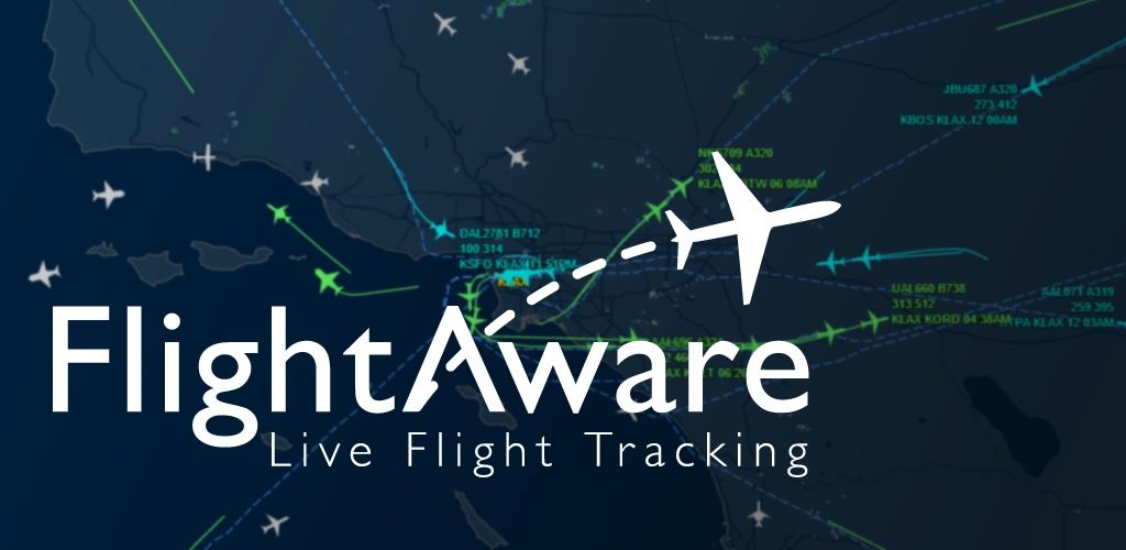 FlightAware logo over a live flight tracking map.
