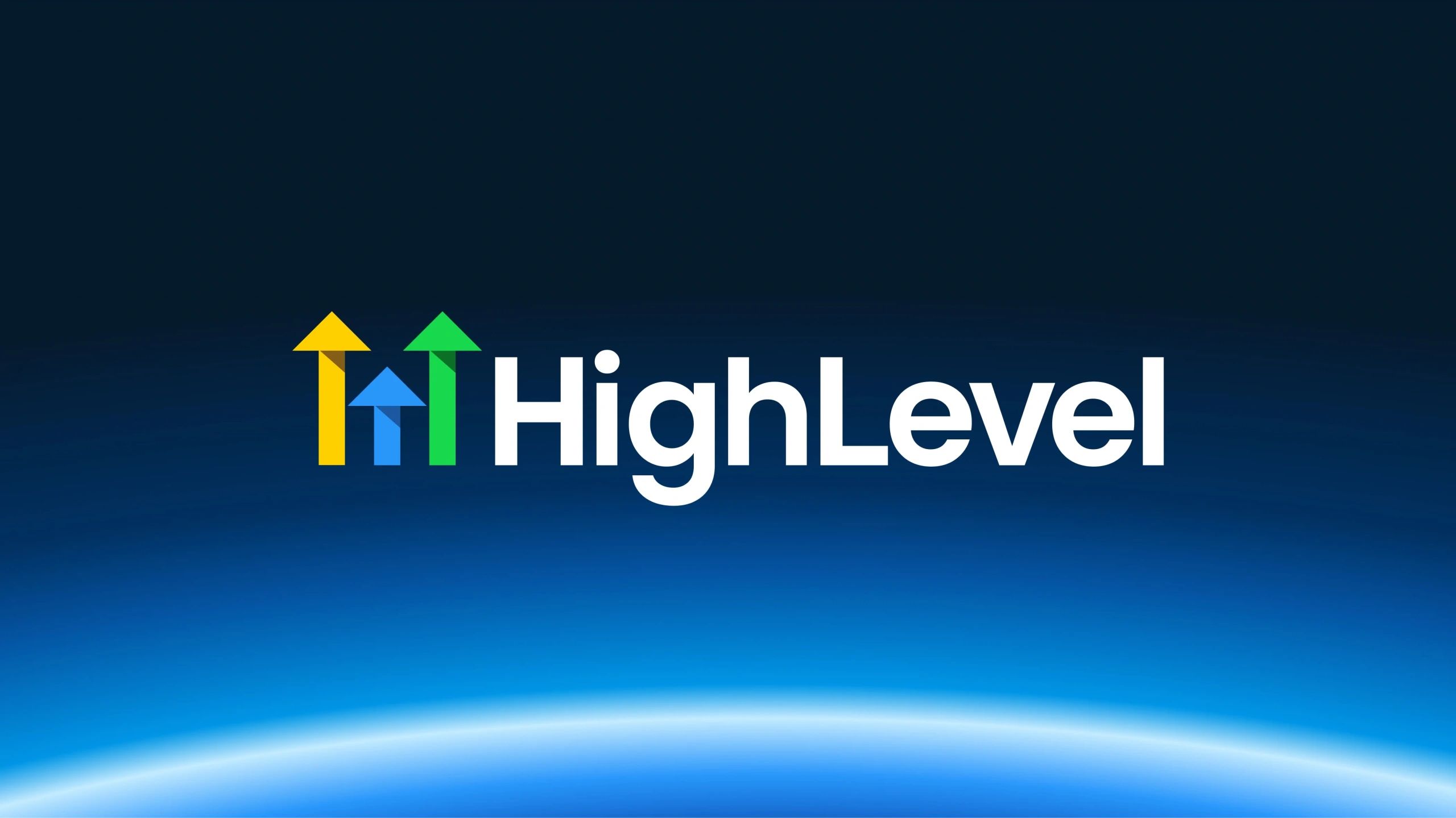 HighLevel logo with colorful upward arrows on a blue gradient background.