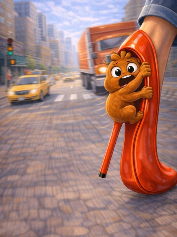 A scared cartoon hamster clings to a woman's red high heel shoe in a busy city street.