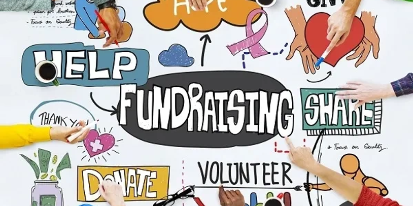 Hands pointing at words related to fundraising and volunteering.