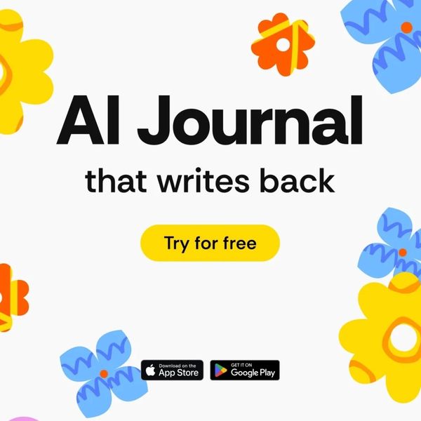 Advertisement for AI Journal app with colorful flower designs and download options.