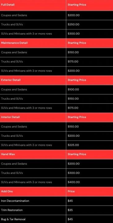Car detailing price list by service and vehicle type.