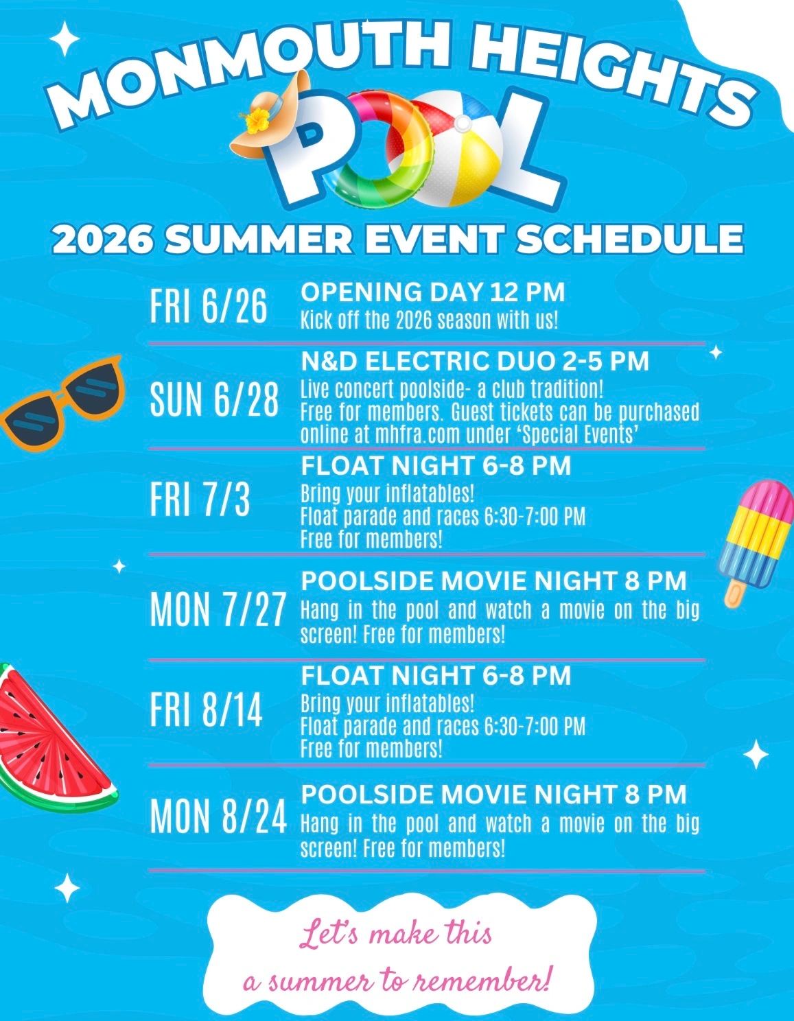 Monmouth Heights Pool 2026 summer events with concerts, float nights, and movies.