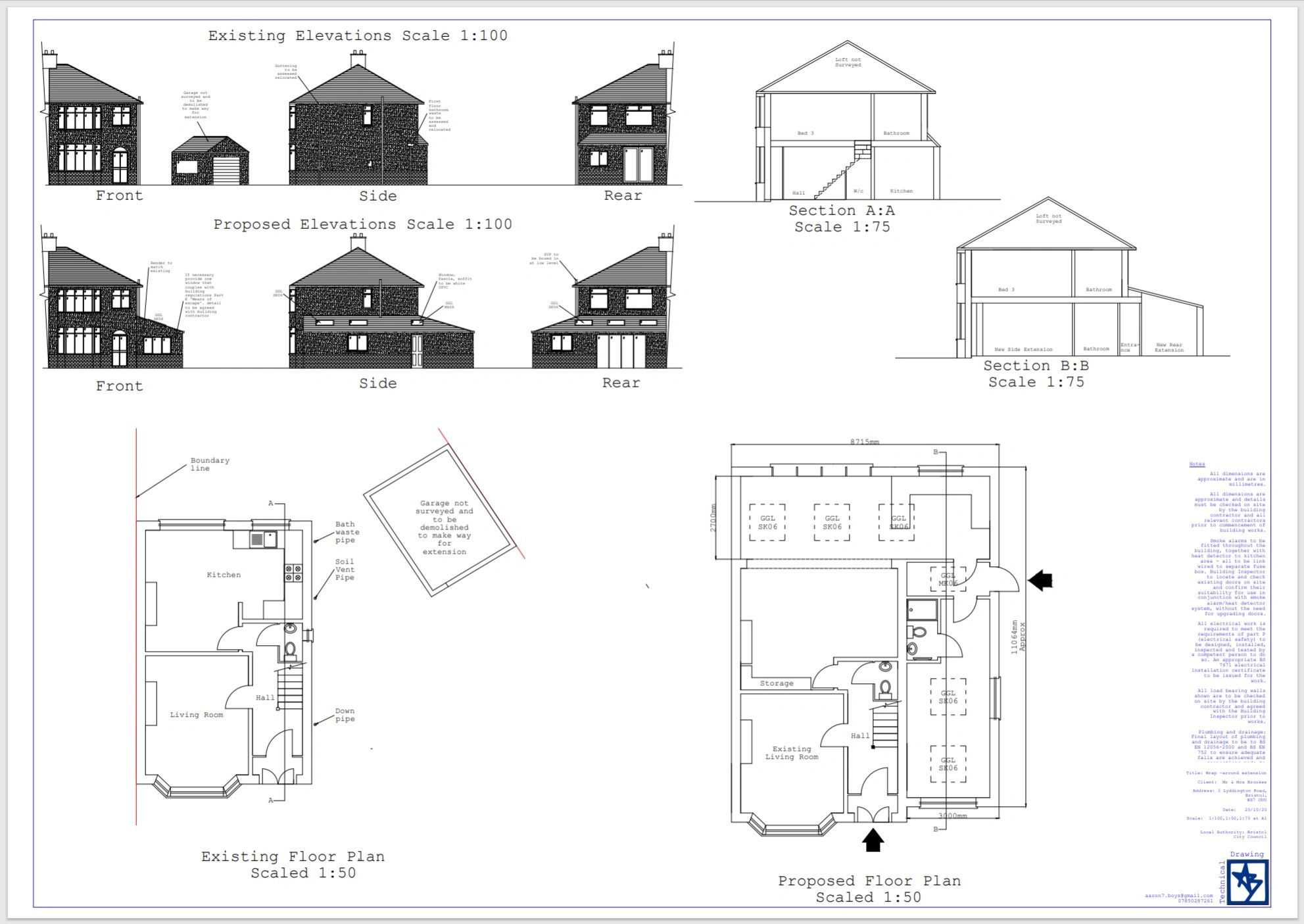 Floor plans, elevation and section for 3 Lyddington Road