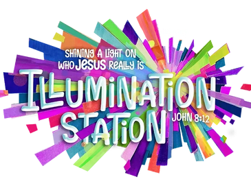 Colorful text graphic about Jesus and Illumination Station.