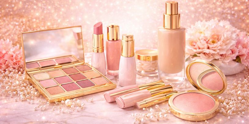 Elegant pink and gold makeup collection with shimmering pearls and flowers.