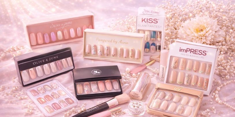 Assorted elegant press-on nail sets with makeup accessories on a soft pink background.