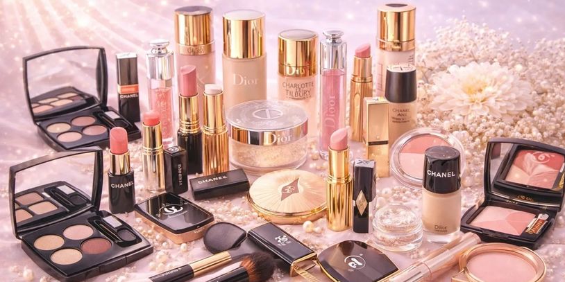 Luxury makeup products from Chanel, Dior, and Charlotte Tilbury arranged elegantly.