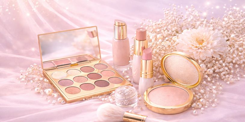 Elegant pink and gold makeup set with flowers and pearls on silky fabric.