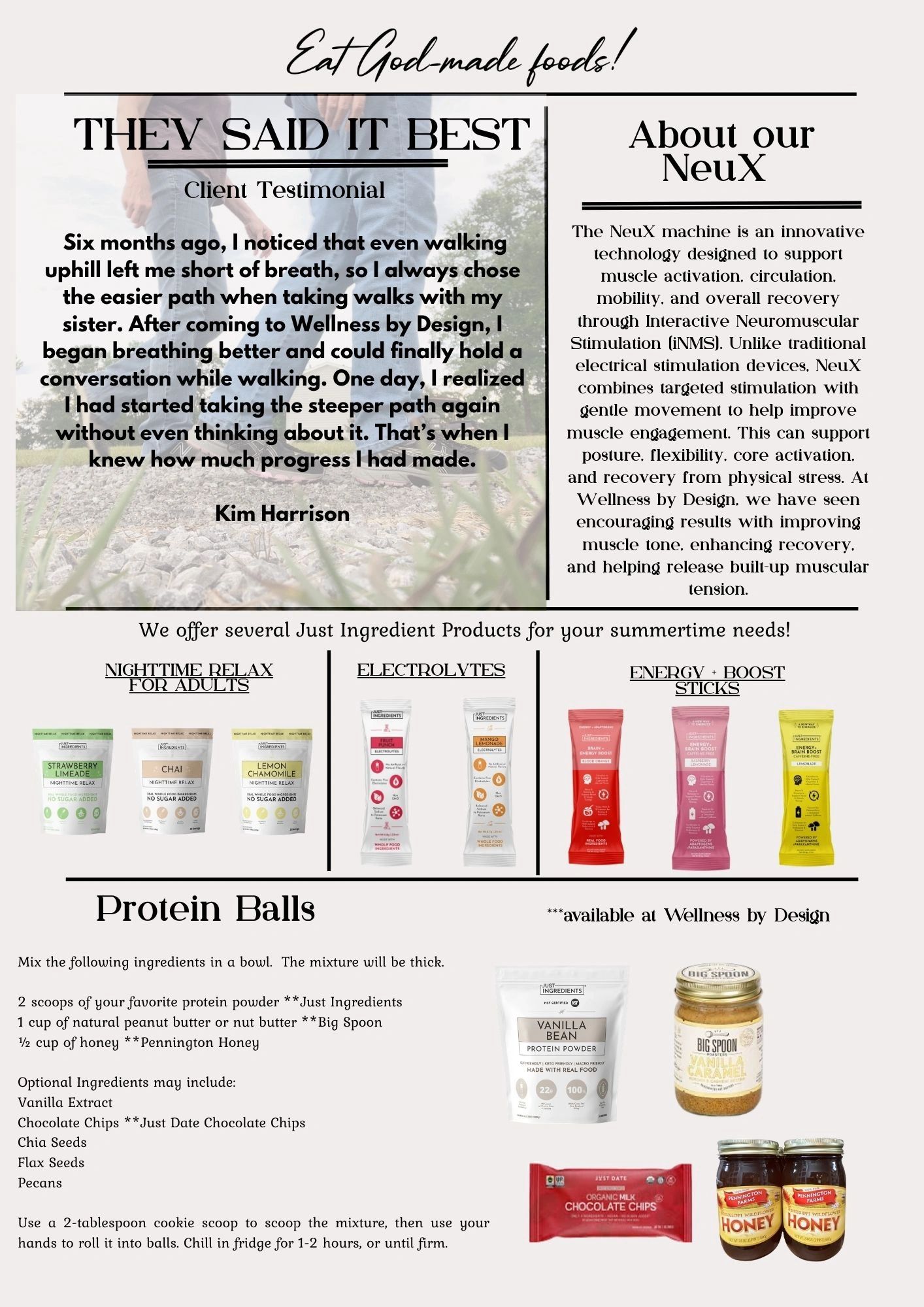 Wellness by Design client testimonial and product info.