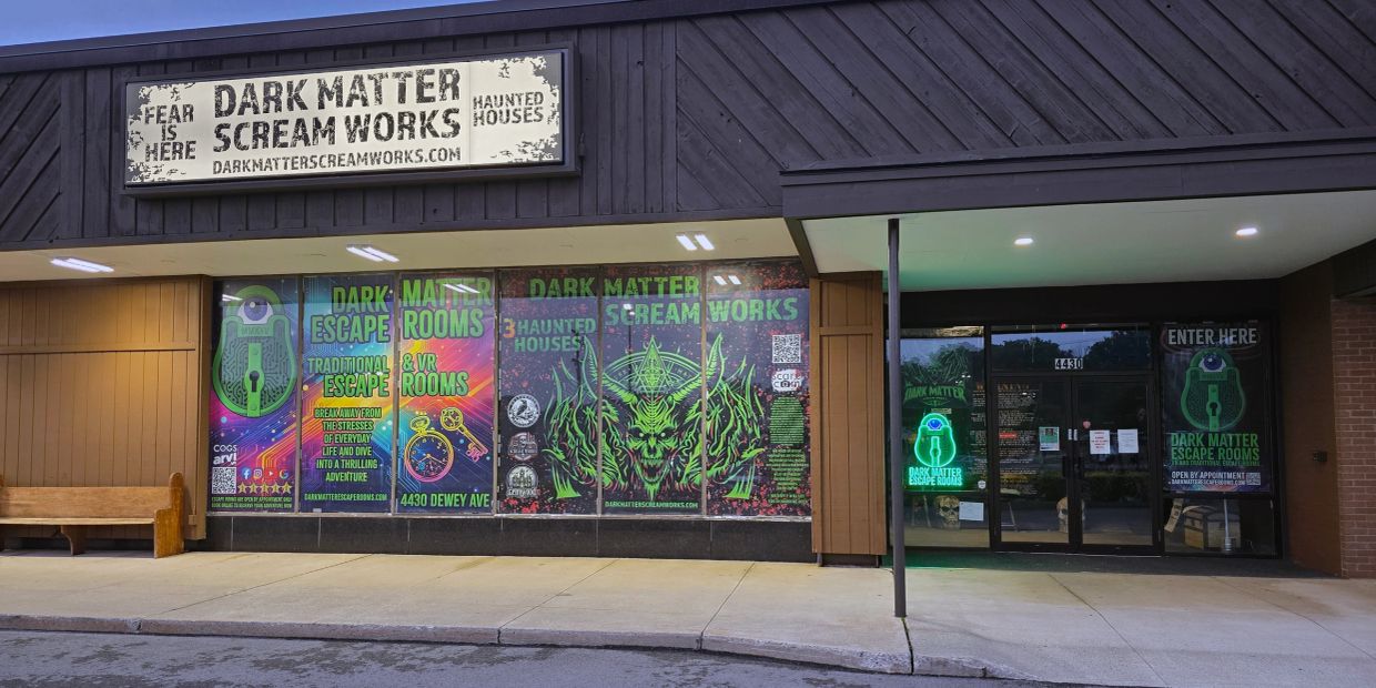 Dark Matter Scream Works haunted house and escape room storefront.