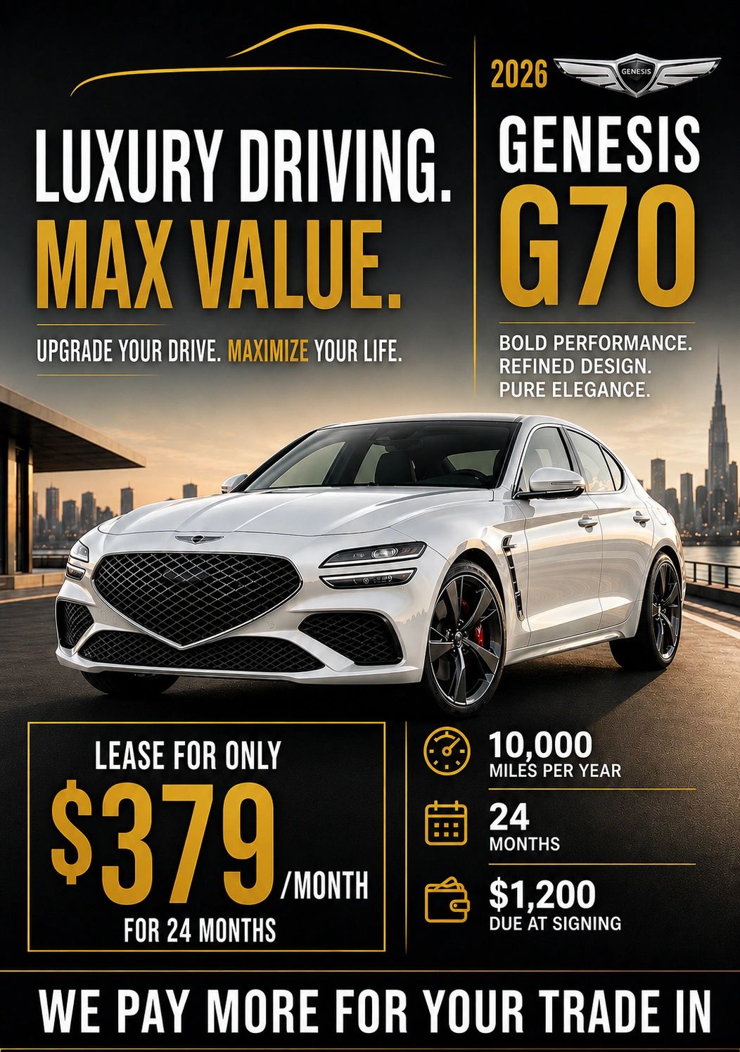 2026 Genesis G70 luxury sedan lease offer with bold design and performance.