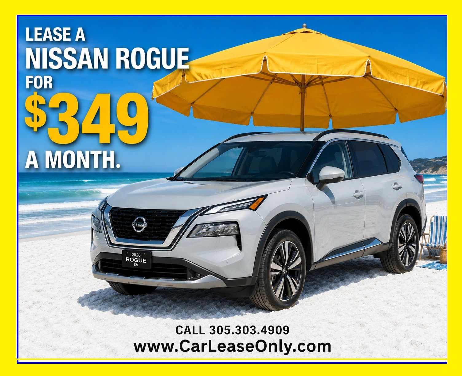 Lease a 2026 Nissan Rogue for $349/month at the beach.