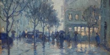 Rainy evening street scene with people and umbrellas.