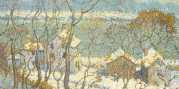 Winter landscape with snowy houses and bare trees.